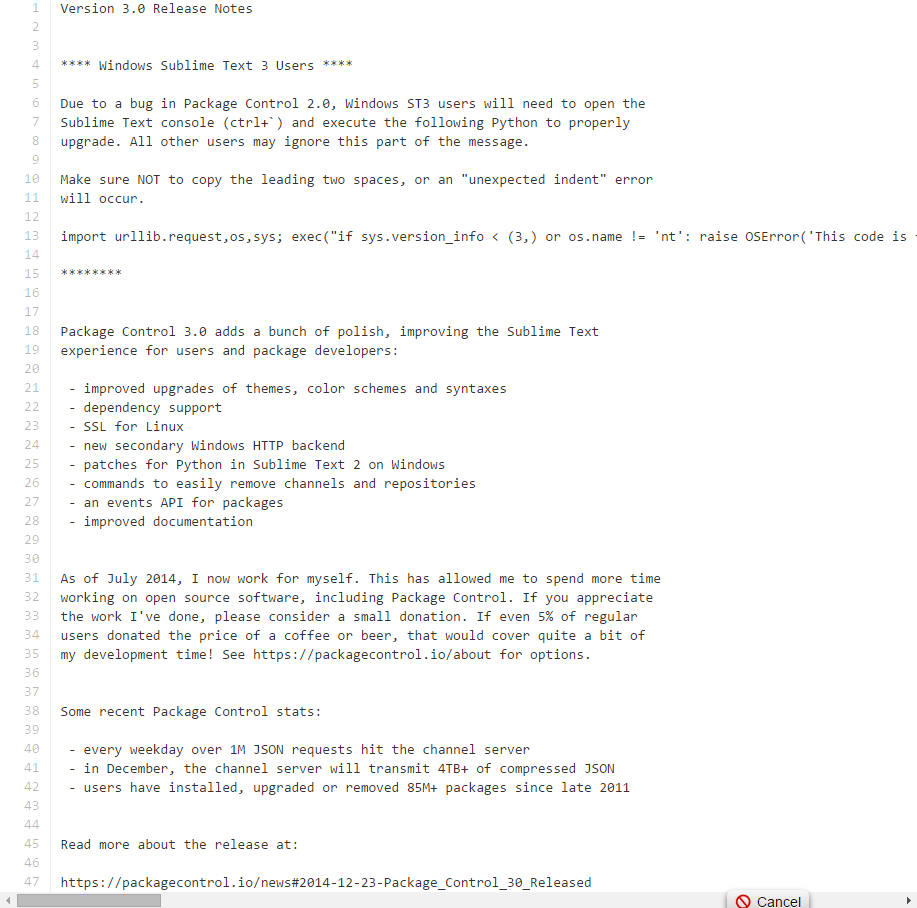 Sublime Text 3 packages control message